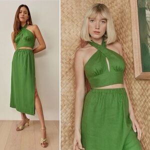 NEW Reformation Tulin Kelly Green Linen Midi Skirt, Size 8, NWOT